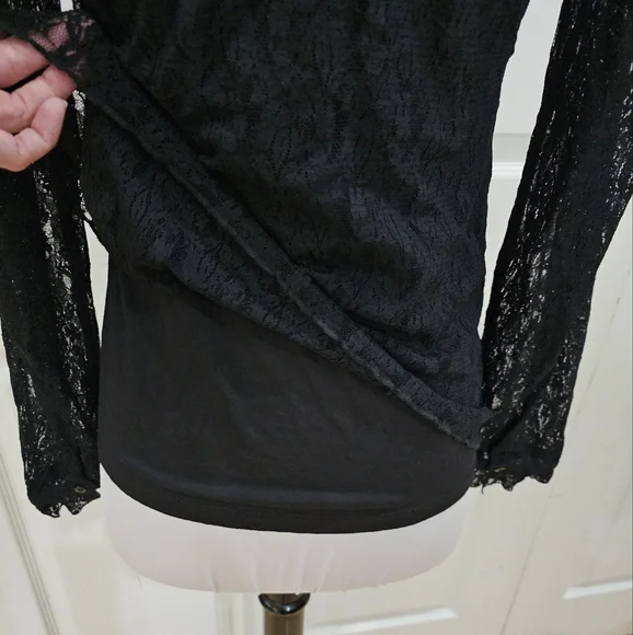 Apt 9 Black Lace v neck Ruffle Detail Long Sleeve Top Blouse S - Picture 6 of 8